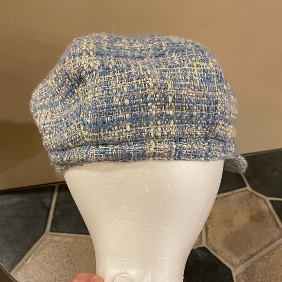Y2K Tweed Bouclé Cadet Cap w/ Safety Pin Accent in Light Blue - Picture 3 of 6